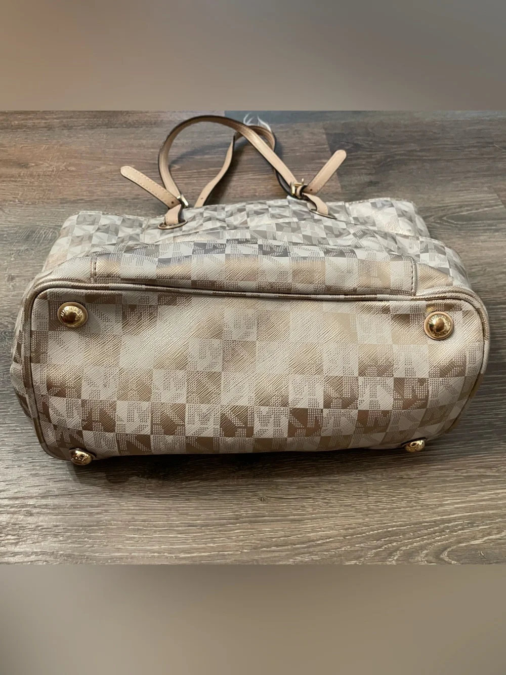 Michael Kors Metallic Beige Checkered Shoulder Tote Tan Leather Straps